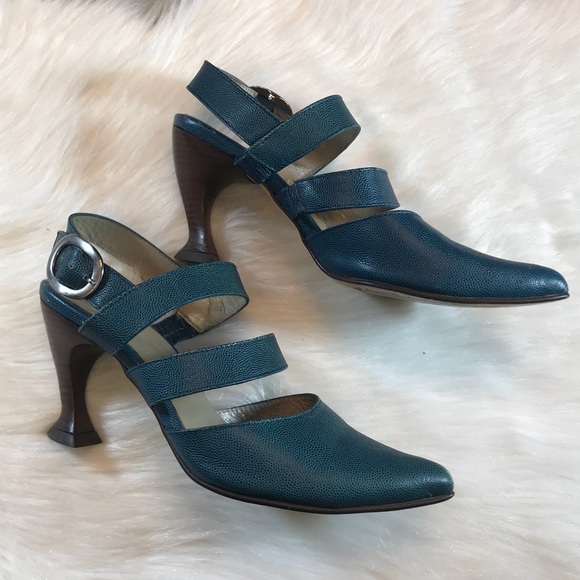 John Fluevog Teal Embossed Pointed Cutout Heels - Picture 2 of 8